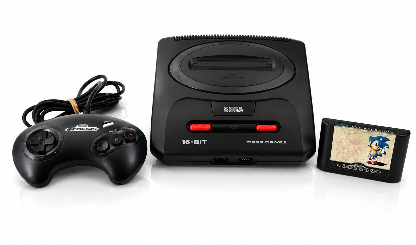 Sega Mega Drive 2 Konsole + High-Tech Scart Kabel + 1 Original Controller + Sonic Spiel + Zubehörpaket (SET)